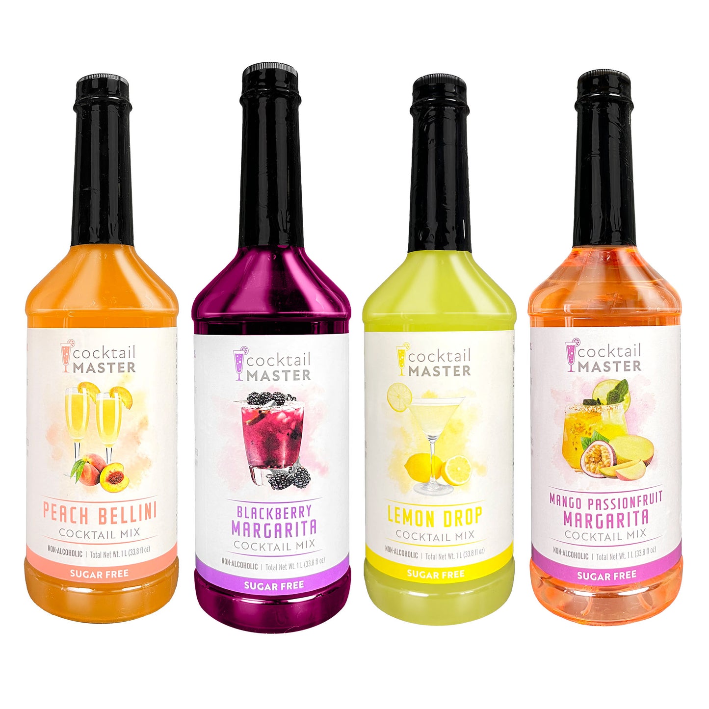 Cocktail Master Sugar Free Drink Mix Variety Pack 4 Flavors 1L/33.8fl oz -Mango Passion Fruit, Blackberry, Lemon Drop, Peach Bellini