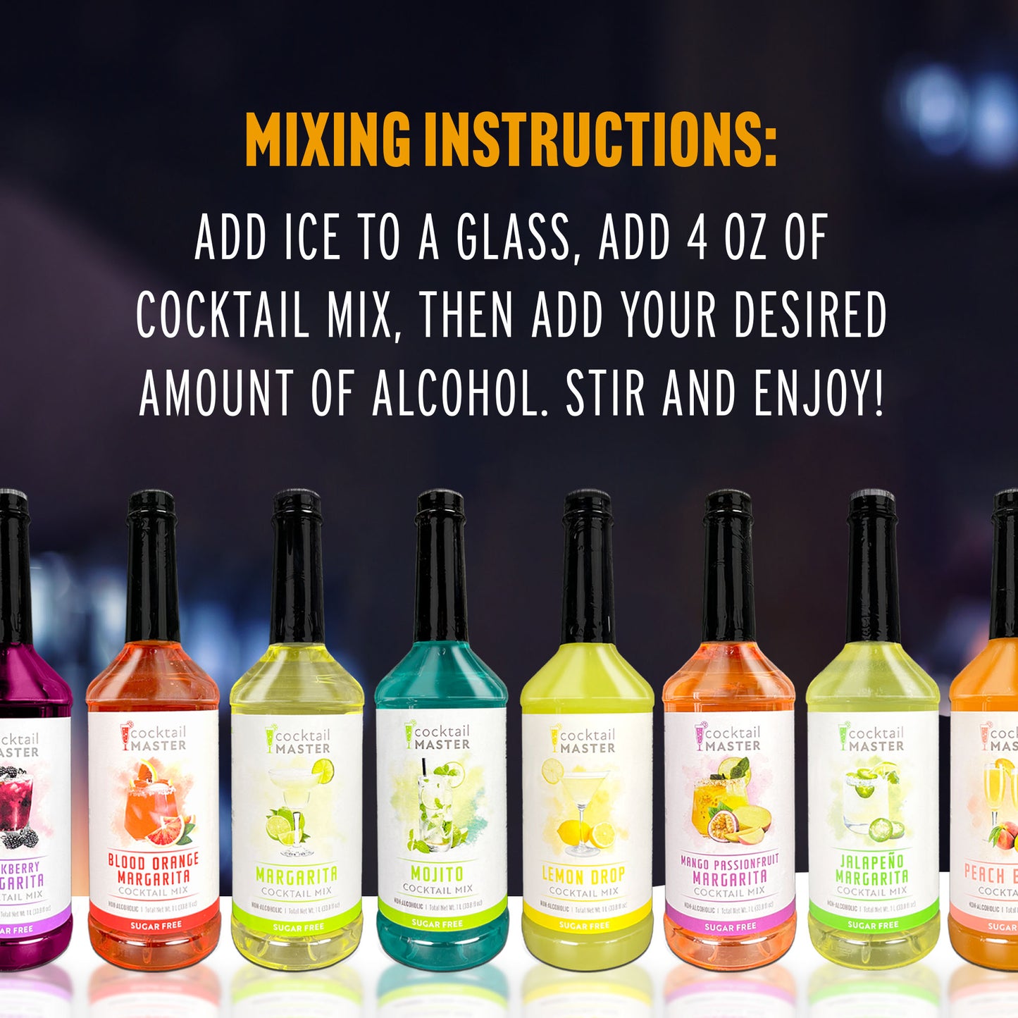 Cocktail Master Sugar Free Drink Mix Variety Pack 4 Flavors 1L/33.8fl oz -Mango Passion Fruit, Blackberry, Lemon Drop, Peach Bellini
