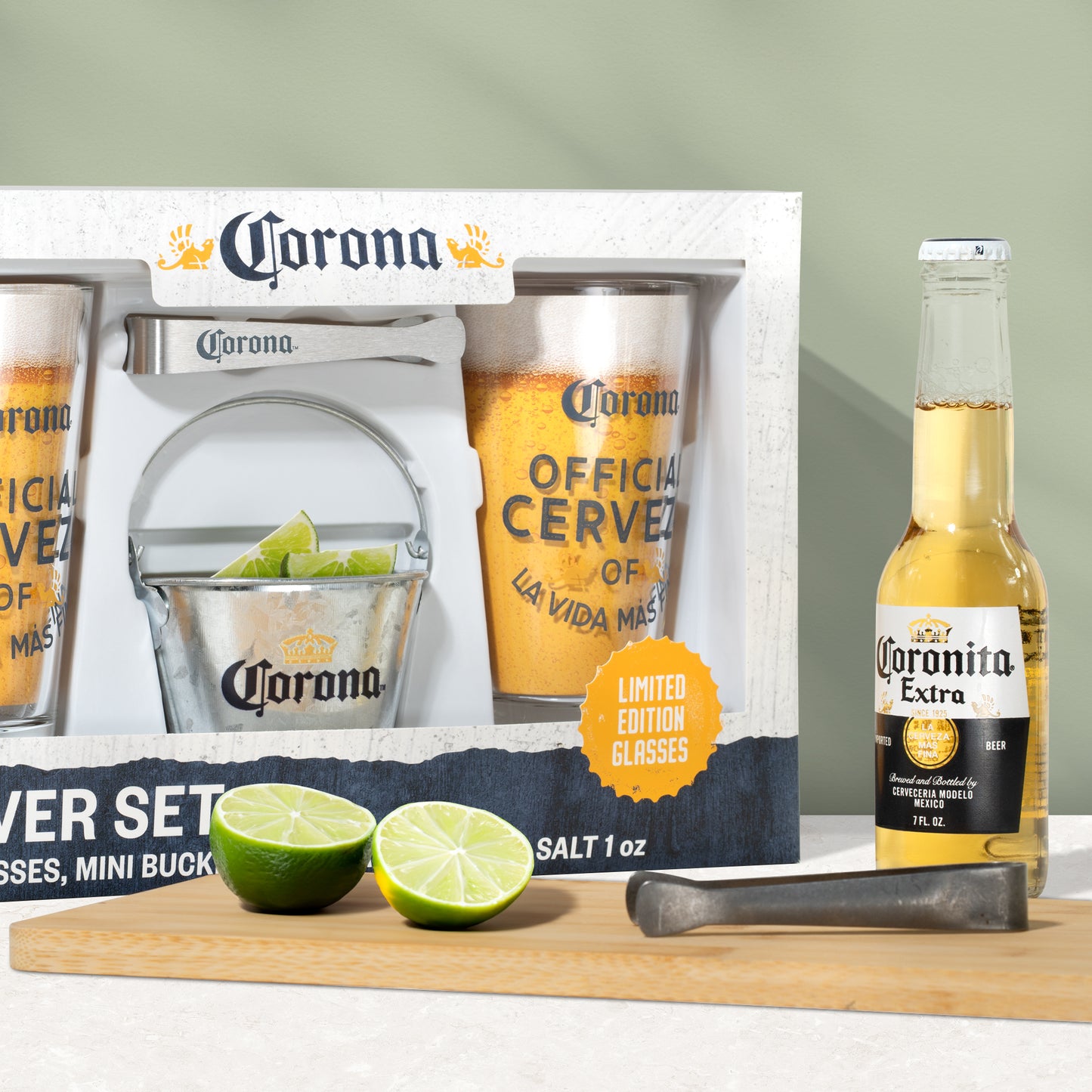 Corona Beer Server Gift Set with 2 Pint Glasses, Bucket, Tongs