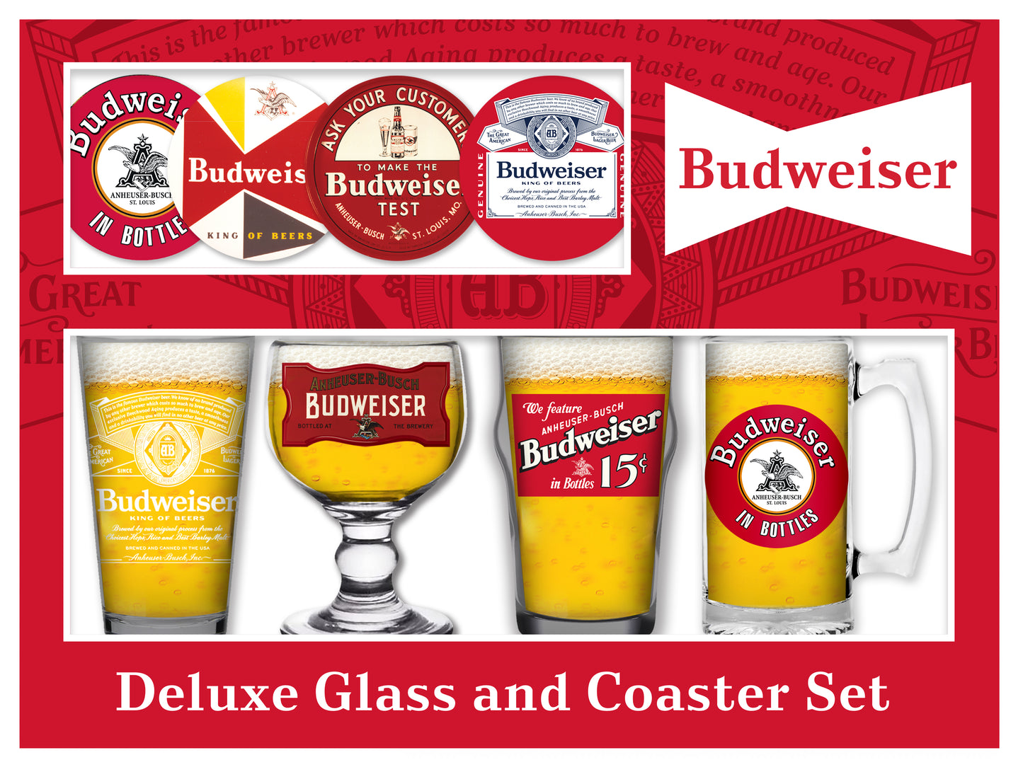 Budweiser 4 Beer Glass and Coaster Deluxe Gift Set