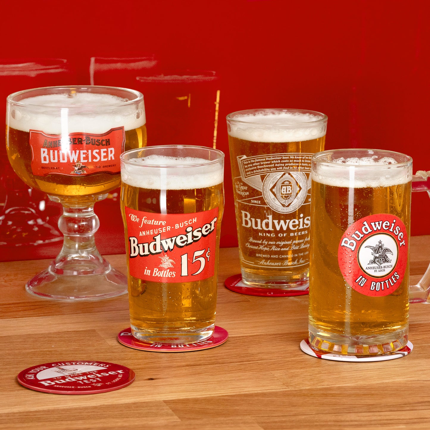 Budweiser 4 Beer Glass and Coaster Deluxe Gift Set