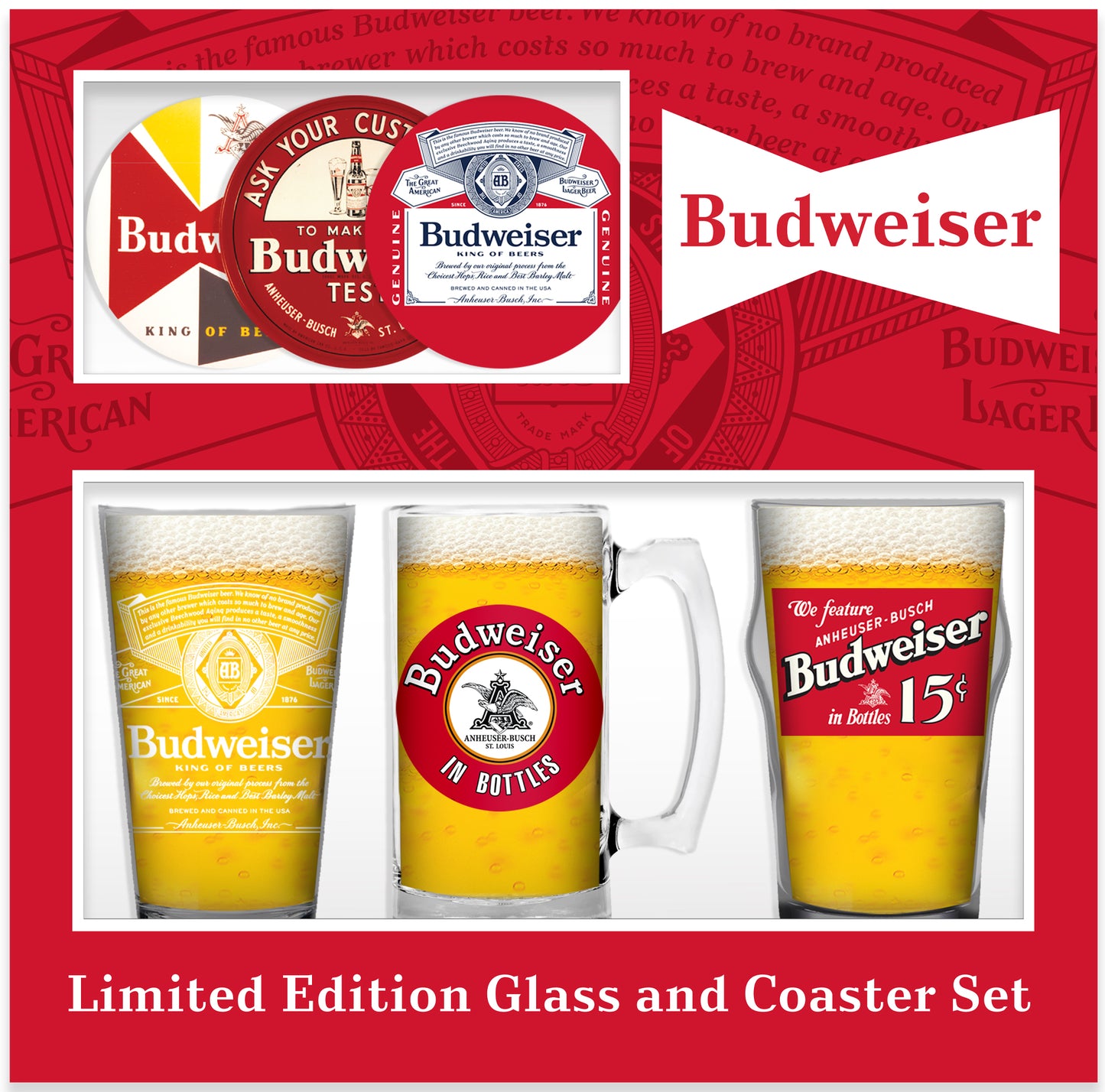 Budweiser Limited Edition 3 Glass and Coaster Collection