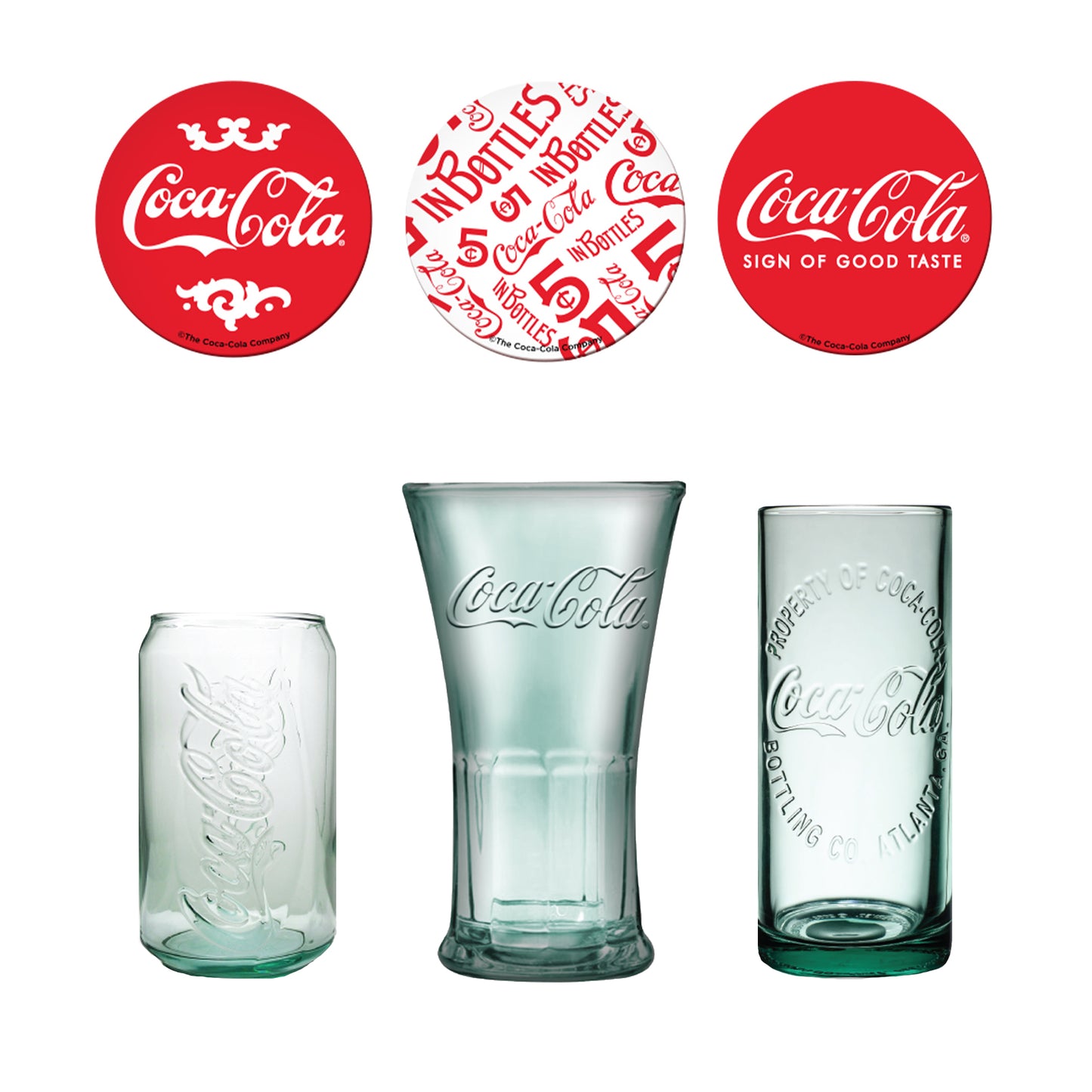 Coca-Cola Set of 3 Different Vintage Style Coke Glasses With Coasters Gift Set