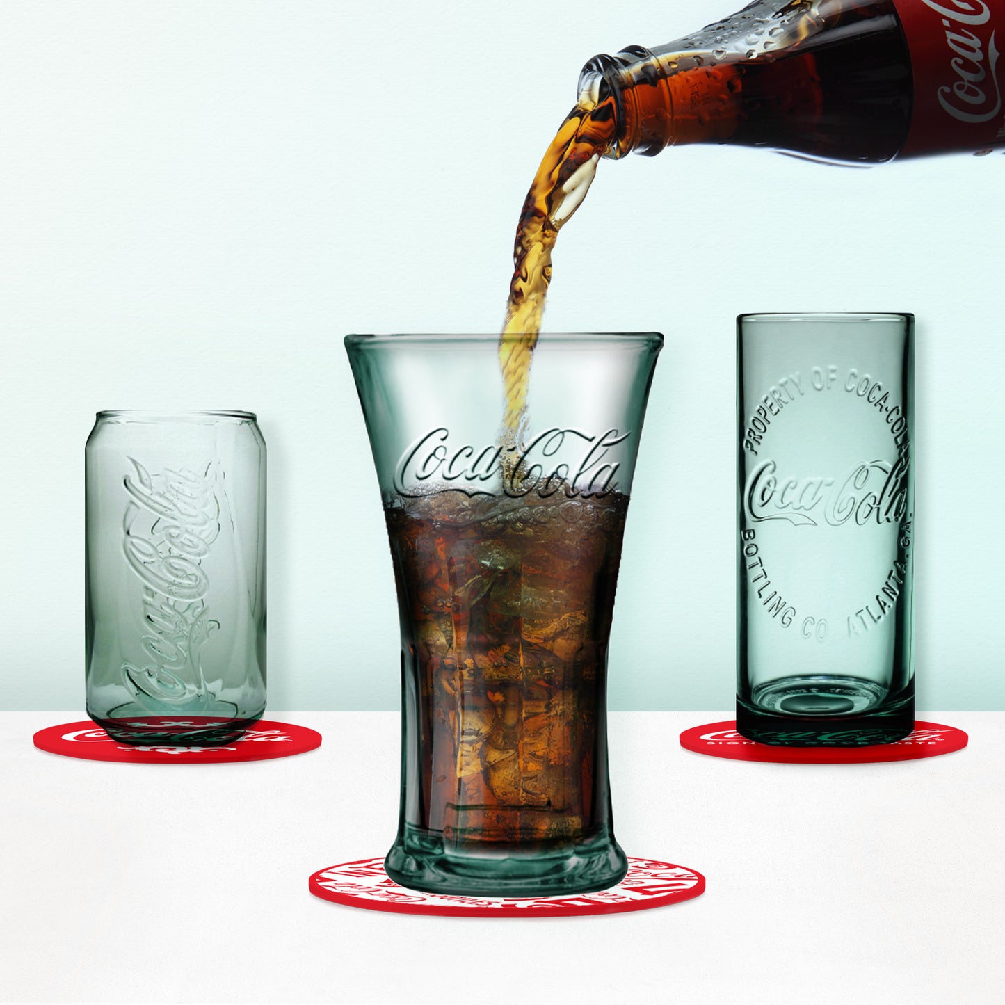 Coca-Cola Set of 3 Different Vintage Style Coke Glasses With Coasters Gift Set