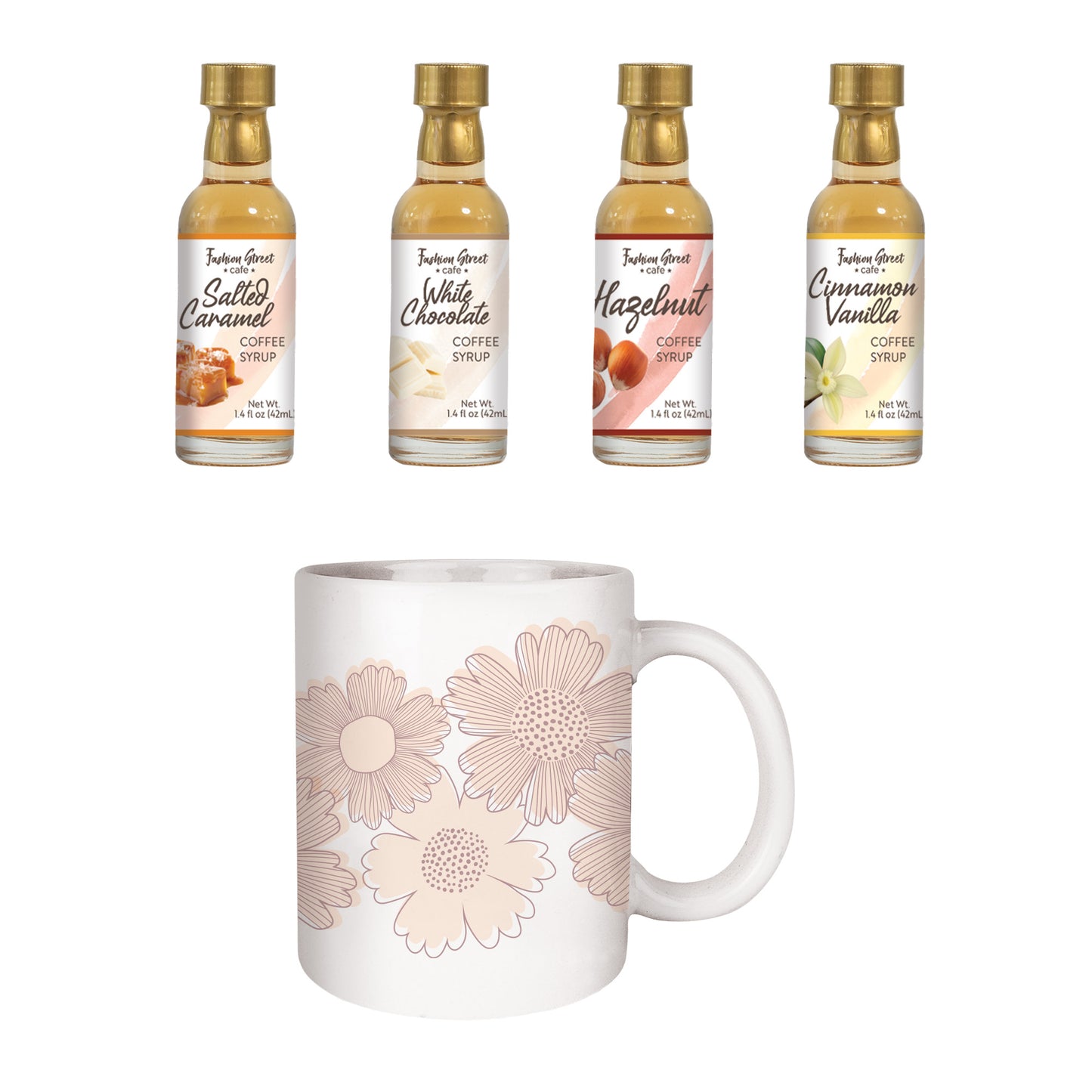 Fashion Street Cafe 4-pack Coffee Syrup Sampler Gift Set with Flower Ceramic Mug