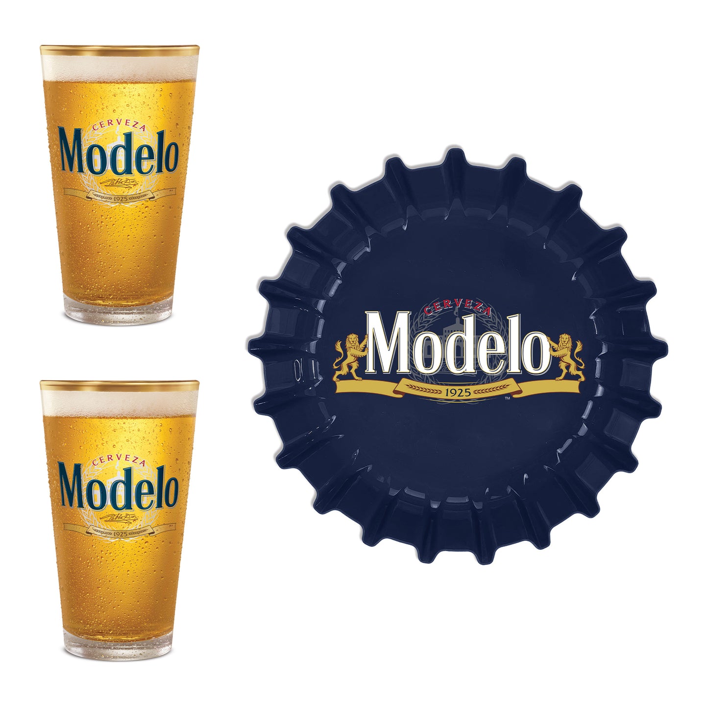Modelo Beer Serving Set with Bottle Cap Shaped Tray and Pint Glasses