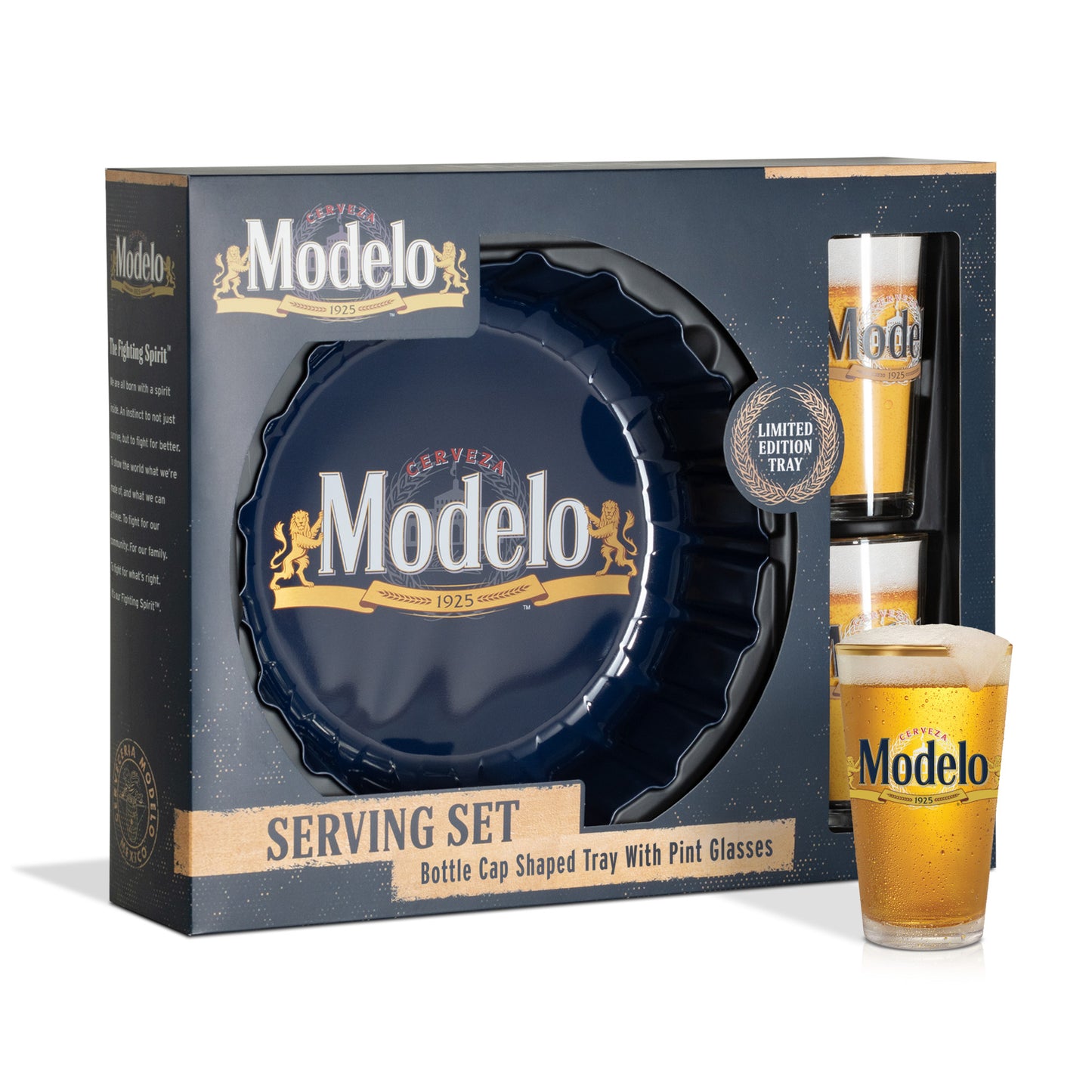 Modelo Beer Serving Set with Bottle Cap Shaped Tray and Pint Glasses
