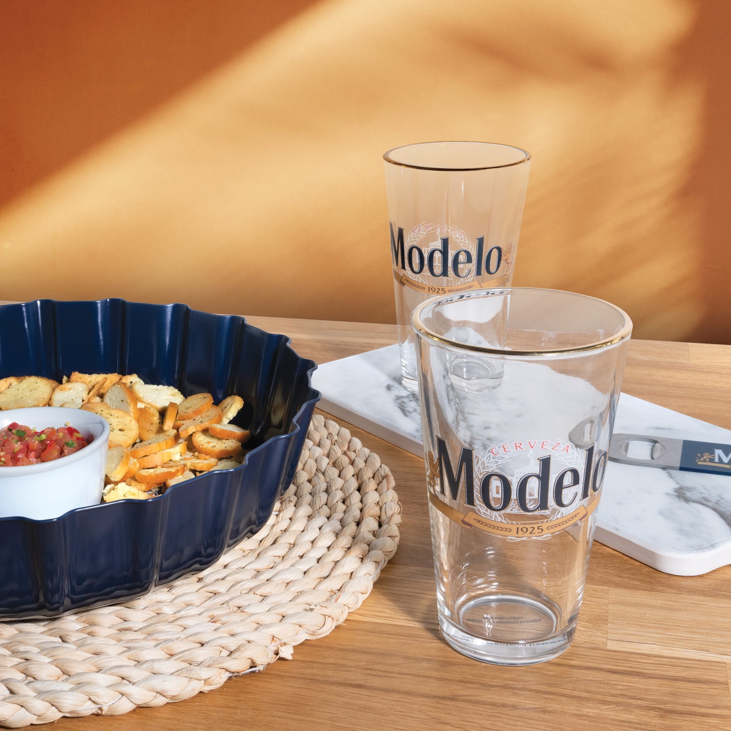 Modelo Beer Serving Set with Bottle Cap Shaped Tray and Pint Glasses