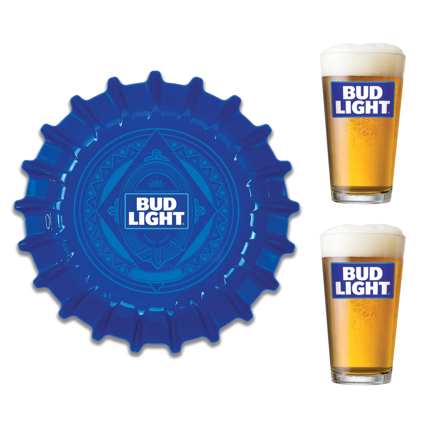 Bud Light Serving Set with Bottle Cap Tray and Pint Glasses