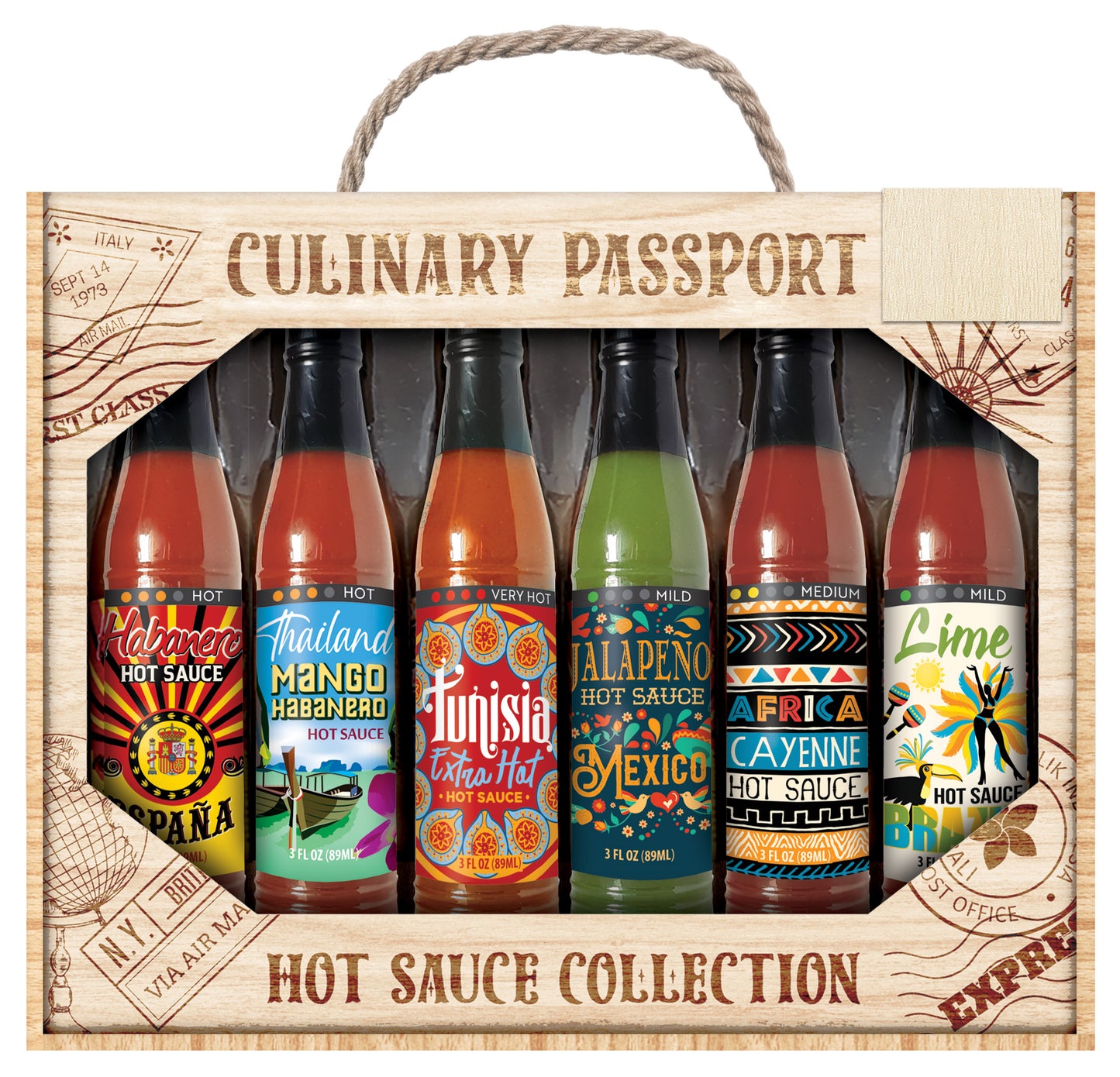Culinary Passport Wooden Crate Hot Sauce Set of 6 Collection, 18 fl oz