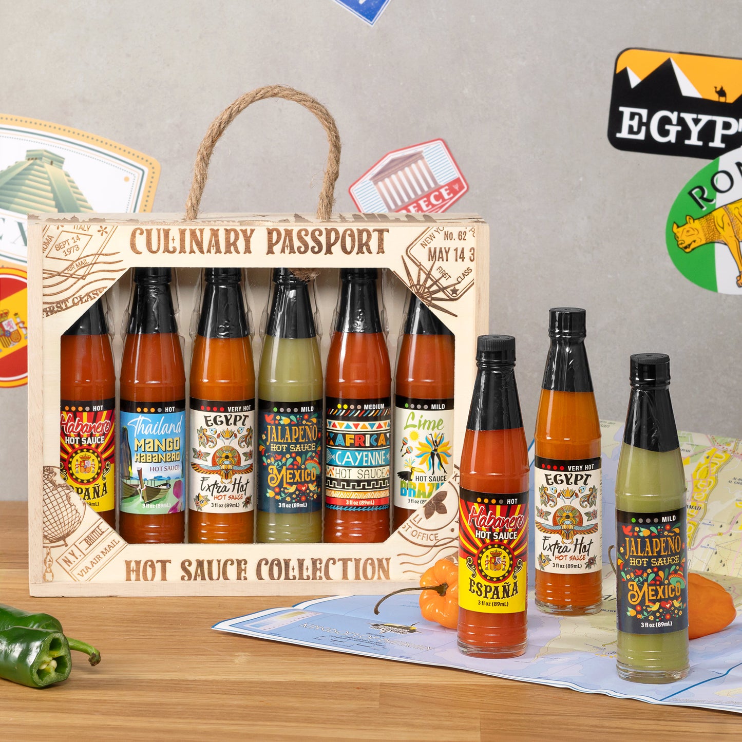 Culinary Passport Wooden Crate Set of 6 Hot Sauce Gift Set, 18 fl oz