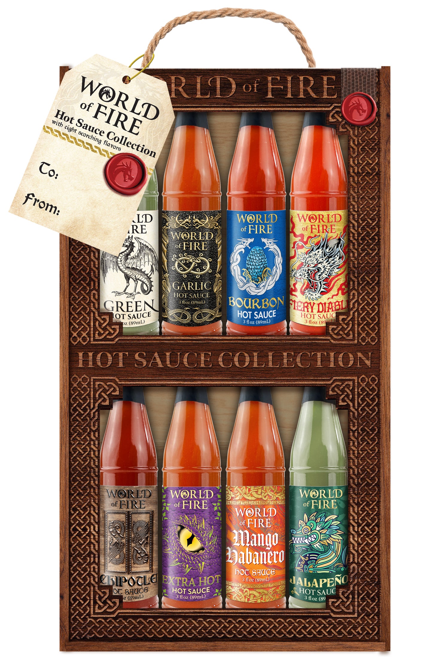 World of Fire 8 Bottle Hot Sauce Collection in Wood Crate Gift Set