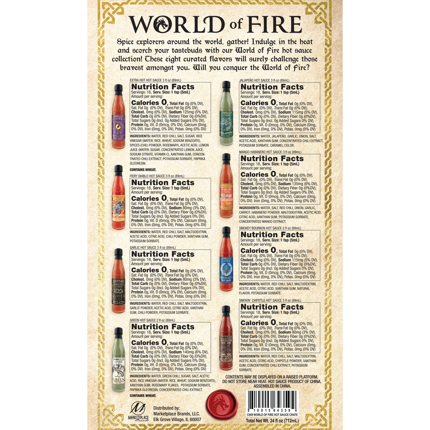 World of Fire 8 Bottle Hot Sauce Collection in Wood Crate Gift Set