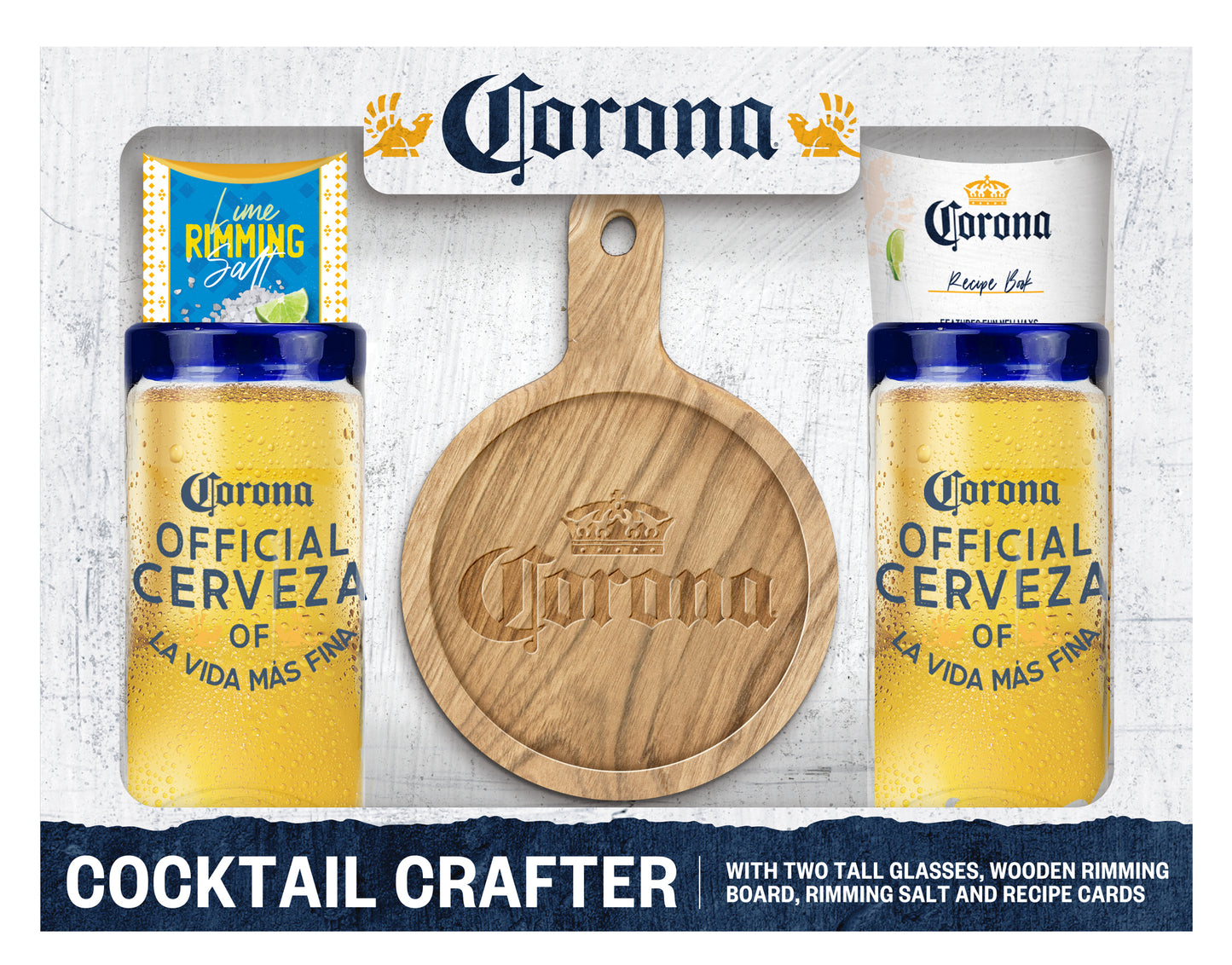 Corona Beer 5 pc. Cocktail Crafter Set w/ Two Glasses and Rimming Board