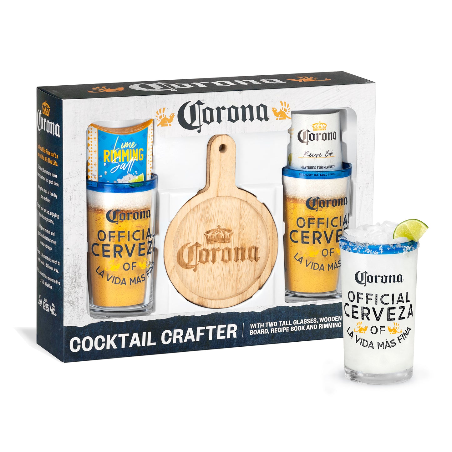 Corona Beer 5 pc. Cocktail Crafter Set w/ Two Glasses and Rimming Board