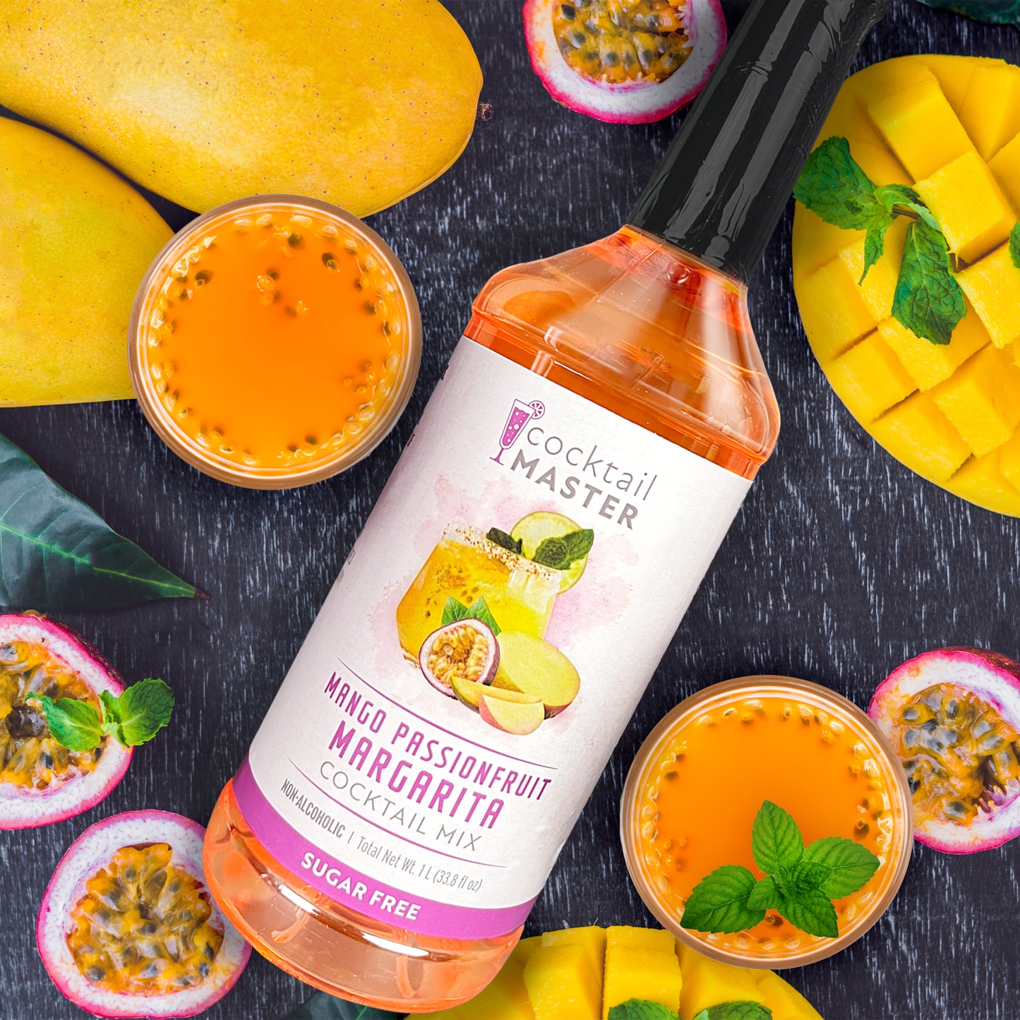 Cocktail Master Sugar Free Drink Mix Variety Pack 4 Flavors 1L/33.8fl oz -Mango Passion Fruit, Blackberry, Lemon Drop, Peach Bellini