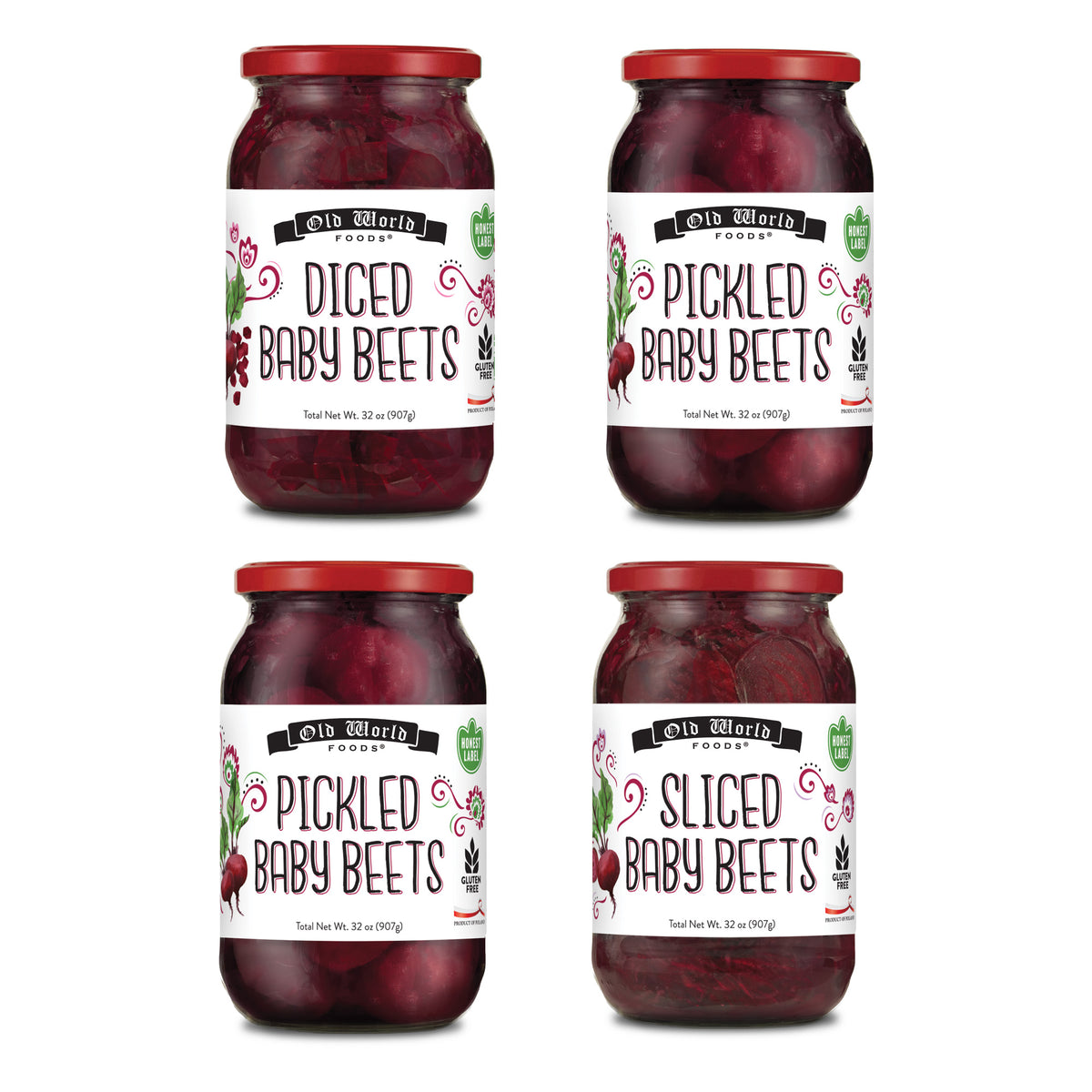 Beets Lover Set – Four 32 Oz Jars of Beets Includes Sliced Baby Beets, Pickled Baby Beets (2), and Diced Baby Beets