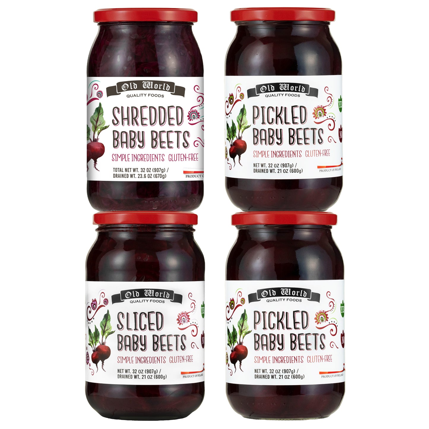 Beets Lover Set – Four 32 Oz Jars of Beets Includes Sliced Baby Beets, Pickled Baby Beets (2), and Diced Baby Beets