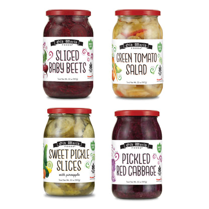 Sides and Salads Set – Four 32 Oz Jars of Pickled Vegetables includes Red Cabbage, Sweet Pickle Slices, Green Tomato Salad, Sliced Baby Beets