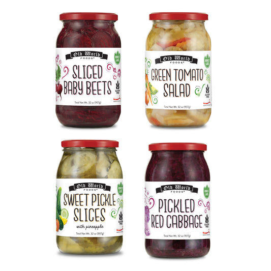 Sides and Salads Set – Four 32 Oz Jars of Pickled Vegetables includes Red Cabbage, Sweet Pickle Slices, Green Tomato Salad, Sliced Baby Beets