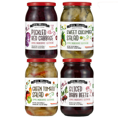 Sides and Salads Set – Four 32 Oz Jars of Pickled Vegetables includes Red Cabbage, Sweet Cucumber Salad, Green Tomato Salad, Sliced Baby Beets