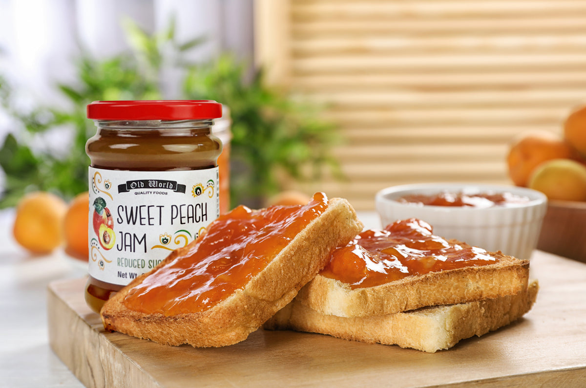 Premium European Fruit Jam Sampler with Sweet Peach, Forest Fruit, Strawberry Vanilla, Pear Ginger and Lime, 9.52 oz Jars
