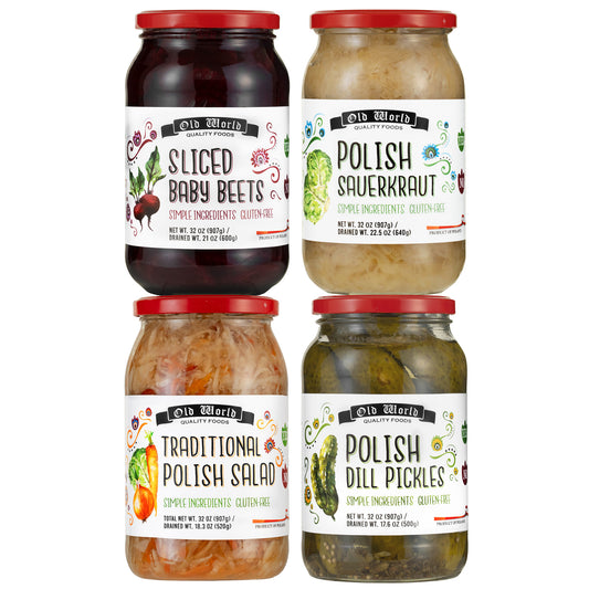 Summer BBQ Set – Four 32 Oz Jars of Assorted Pickled Vegetables w/ Dill Pickles, Sliced Baby Beets, Polish Barrel Sauerkraut and Polish Salad