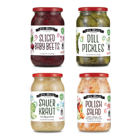 Summer BBQ Set – Four 32 Oz Jars of Assorted Pickled Vegetables w/ Dill Pickles, Sliced Baby Beets, Polish Barrel Sauerkraut and Polish Salad
