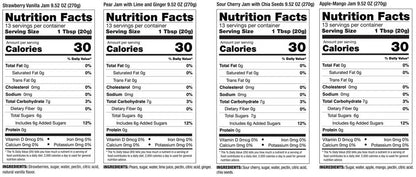 Premium European Fruit Jam Sampler with Strawberry Vanilla, Pear Ginger and Lime, Sour Cherry Chia Seed, Apple Mango, 9.52 oz Jars