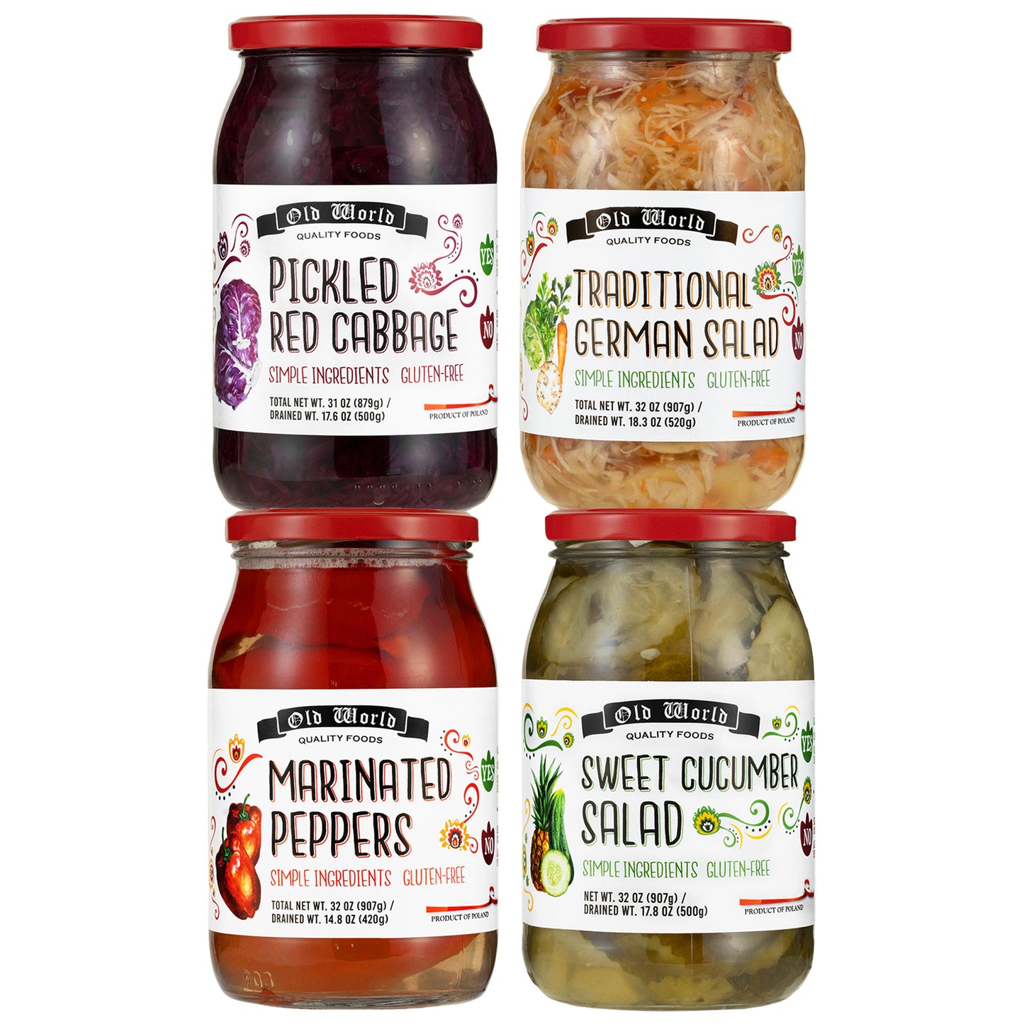 Healthy Veggie Lovers Set- Includes Four 32 Oz Jars of Marinated Peppers, Sweet Cucumber Salad, Red Cabbage, and German Salad