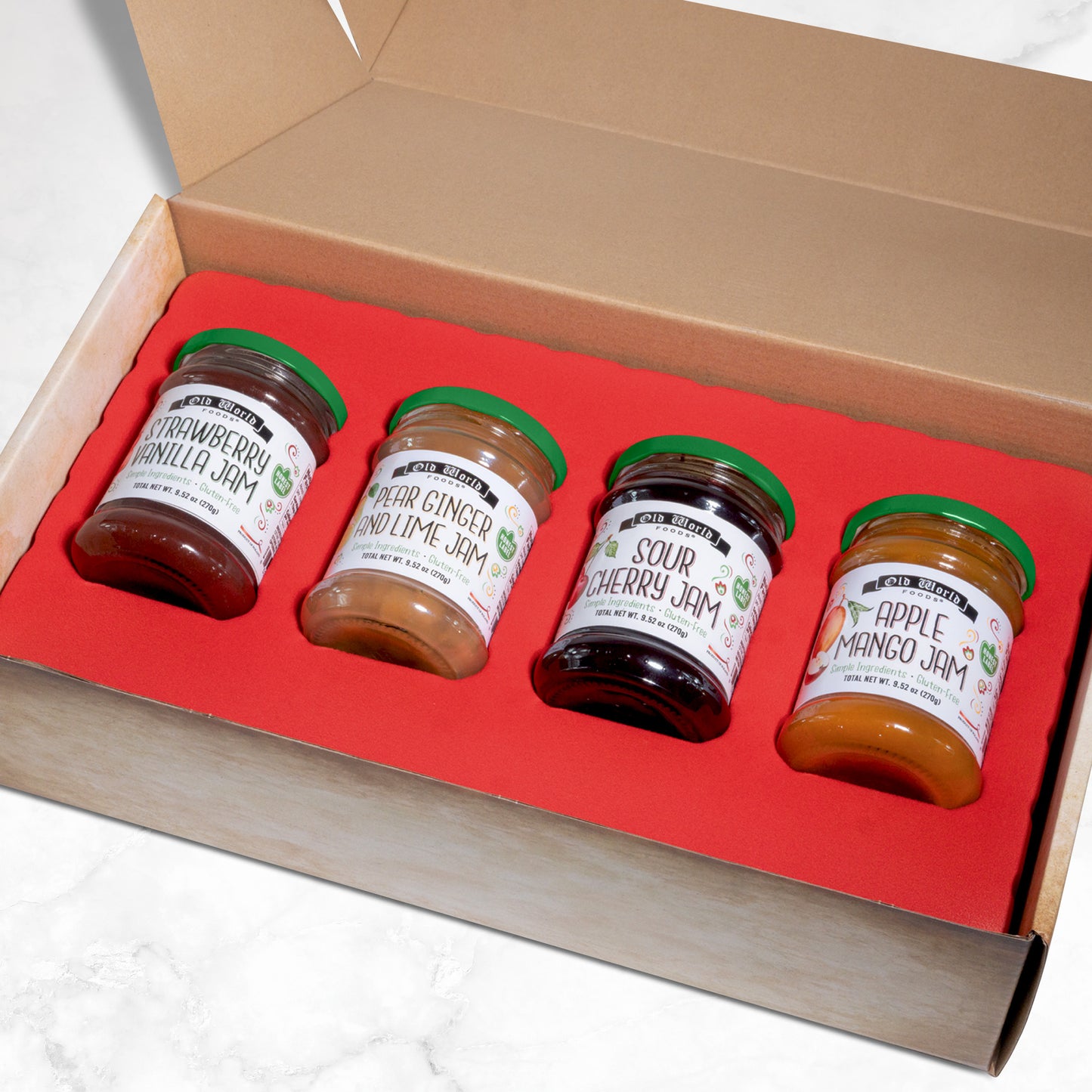 Old World Quality Foods 4-pack Premium European Fruit Jam Sampler with Strawberry Vanilla, Pear Ginger and Lime, Sour Cherry, and Apple Mango Flavors, 9.52 oz Jars