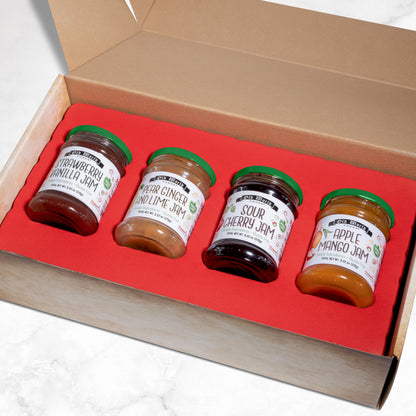 Old World Quality Foods 4-pack Premium European Fruit Jam Sampler with Strawberry Vanilla, Pear Ginger and Lime, Sour Cherry, and Apple Mango Flavors, 9.52 oz Jars