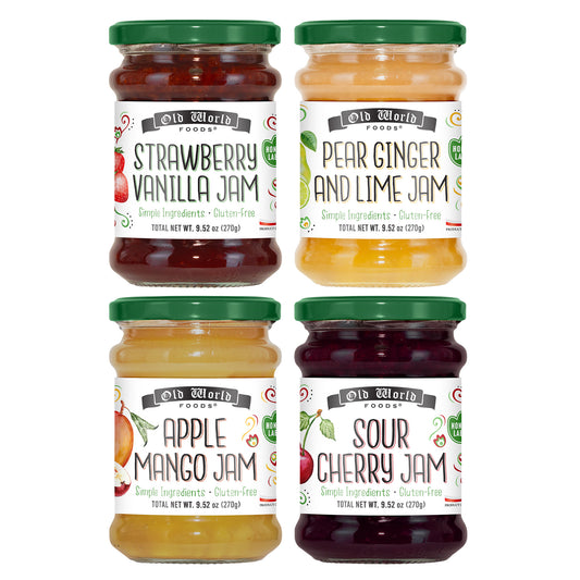 Old World Quality Foods 4-pack Premium European Fruit Jam Sampler with Strawberry Vanilla, Pear Ginger and Lime, Sour Cherry, and Apple Mango Flavors, 9.52 oz Jars