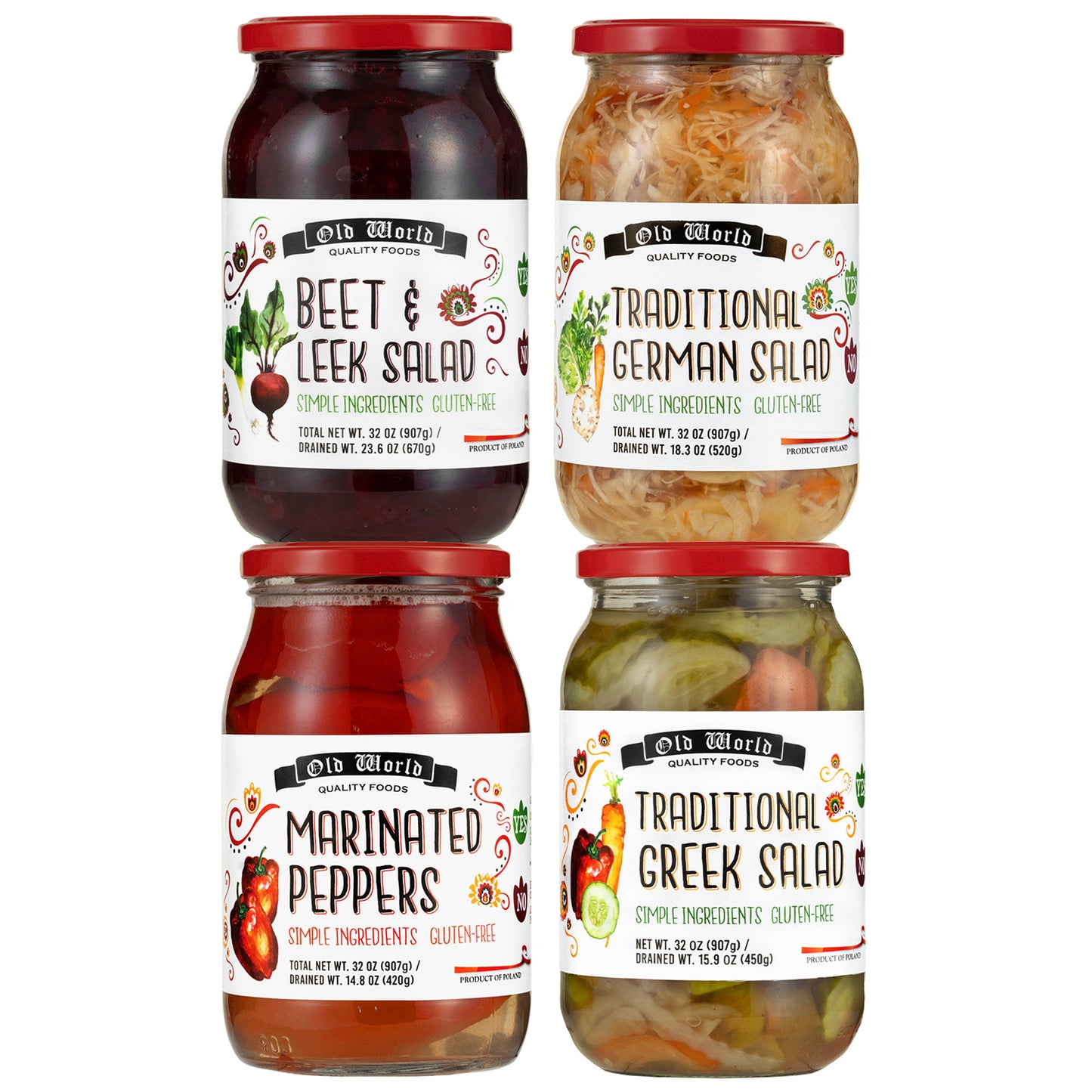 European Salad Set – Four 32 Oz Jars of Pickled Vegetables includes German Salad, Greek Salad, Beet & Leek Salad, and Marinated Peppers