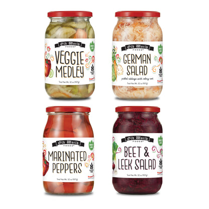 European Salad Set – Four 32 Oz Jars of Pickled Vegetables includes German Salad, Veggie Medley Salad, Beet & Leek Salad, and Marinated Peppers