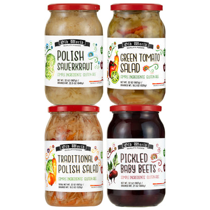 Salad Lover Set – Four 32 Oz Jars of Pickled Vegetables includes Polish Salad, Pickled Baby Beets, Polish Barrel Sauerkraut, Green Tomato Salad