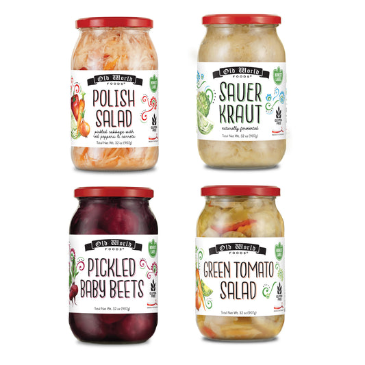 Salad Lover Set – Four 32 Oz Jars of Pickled Vegetables includes Polish Salad, Pickled Baby Beets, Polish Barrel Sauerkraut, Green Tomato Salad