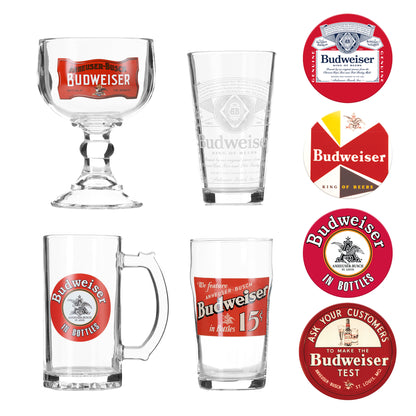 Budweiser 4 Beer Glass and Coaster Deluxe Gift Set