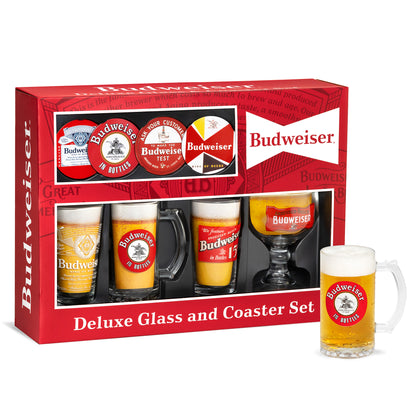 Budweiser 4 Beer Glass and Coaster Deluxe Gift Set