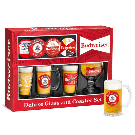 Budweiser 4 Beer Glass and Coaster Deluxe Gift Set