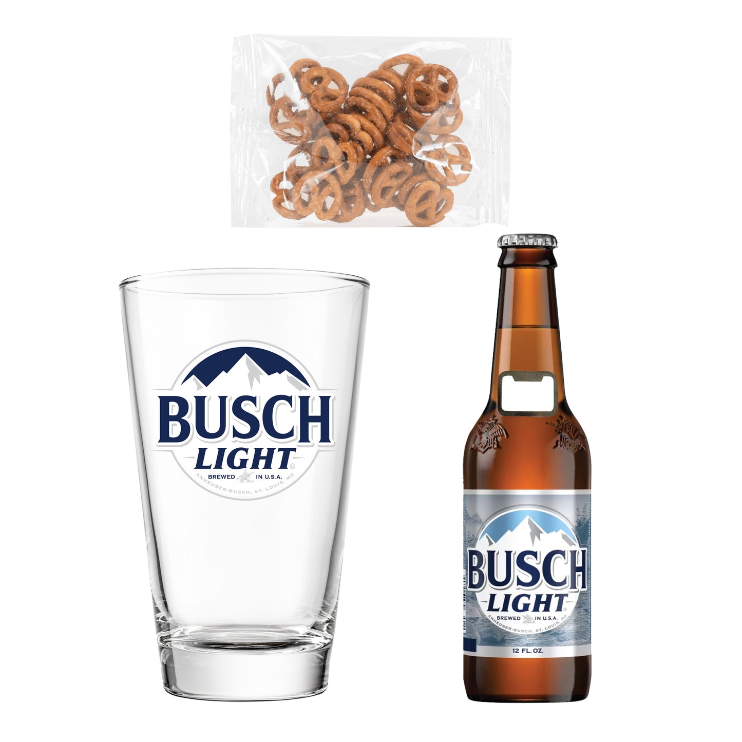 Busch Light Father's Day Beer Pint Glass 3 pc Gift set with Bottle Opener and Pretzels