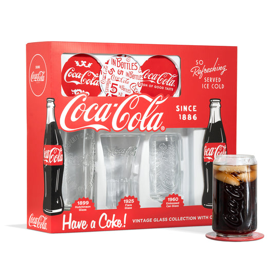 Coca-Cola Set of 3 Different Vintage Style Coke Glasses With Coasters Gift Set