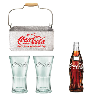 4 Piece Coca-Cola Vintage Style Drinking Glasses Gift Set w/ Collectible Tin Caddy