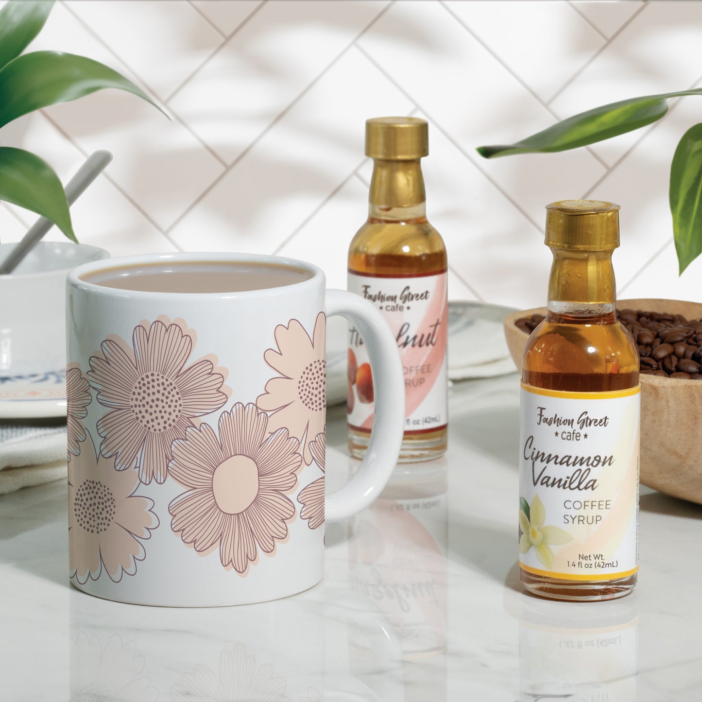Fashion Street Cafe 4-pack Coffee Syrup Sampler Gift Set with Flower Ceramic Mug