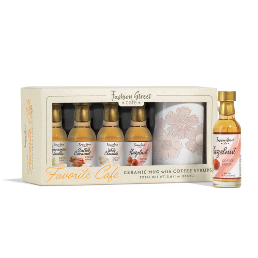 Fashion Street Cafe 4-pack Coffee Syrup Sampler Gift Set with Flower Ceramic Mug