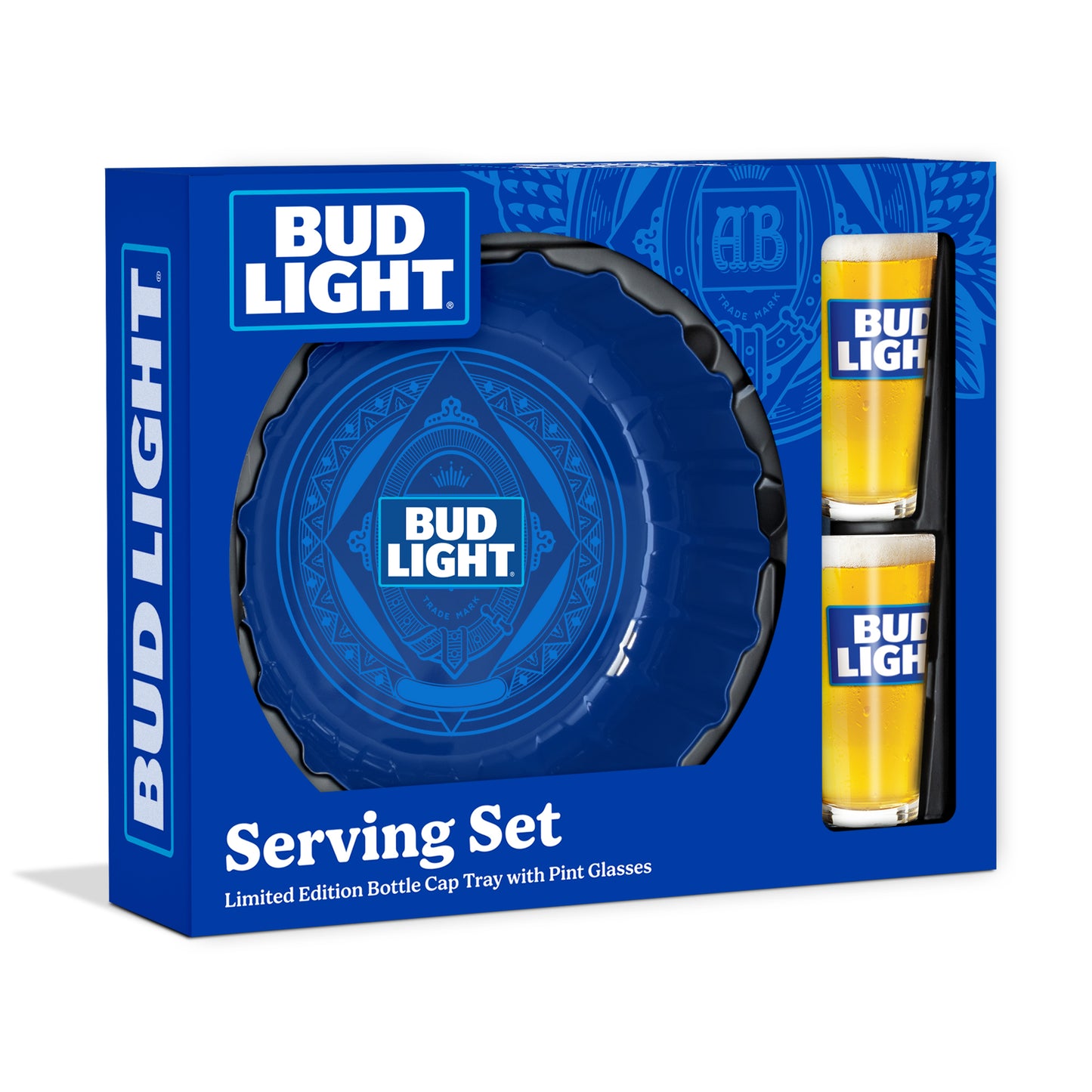 Bud Light Serving Set with Bottle Cap Tray and Pint Glasses