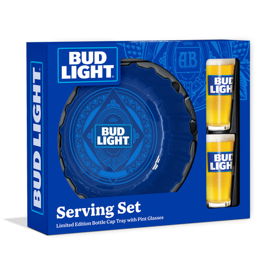 Bud Light Serving Set with Bottle Cap Tray and Pint Glasses