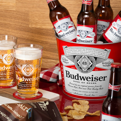 Budweiser Beer Lover's 8 Pc. Bucket Gift Set w/ Pint Glasses and Snacks