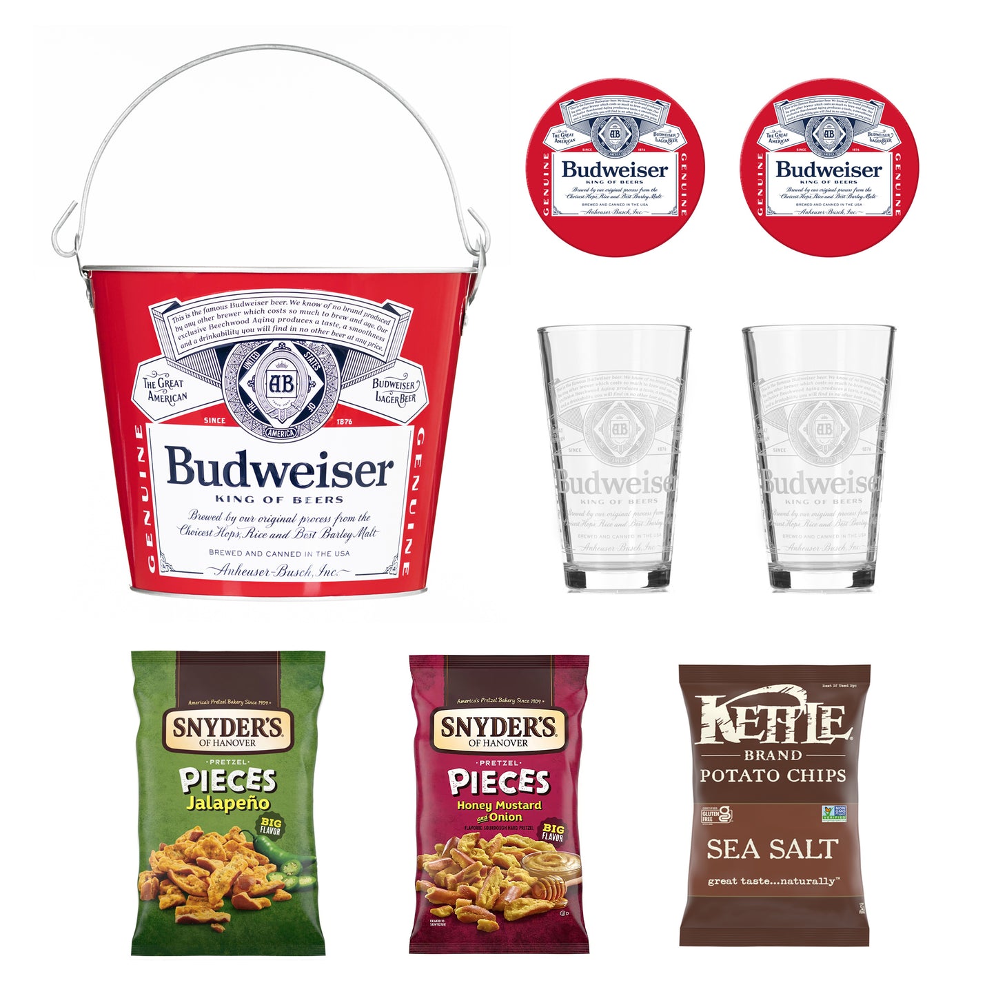 Budweiser Beer Lover's 8 Pc. Bucket Gift Set w/ Pint Glasses and Snacks