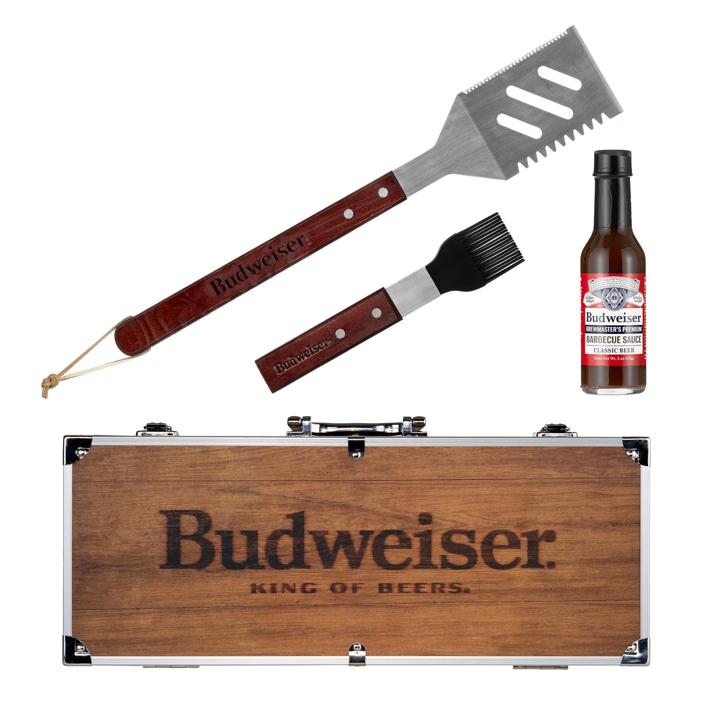 Budweiser Beer BBQ Grilling Classics 4 pc. Set w/ Tools, Sauce, Wood Case